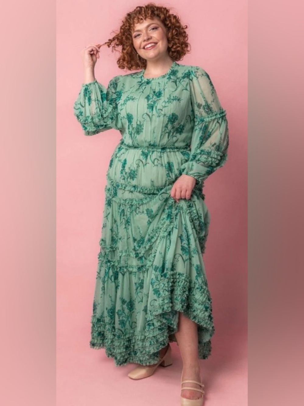 NWT Ivy City Co Geneva Floral Longsleeve Maxi Dress In Bright Green 3X